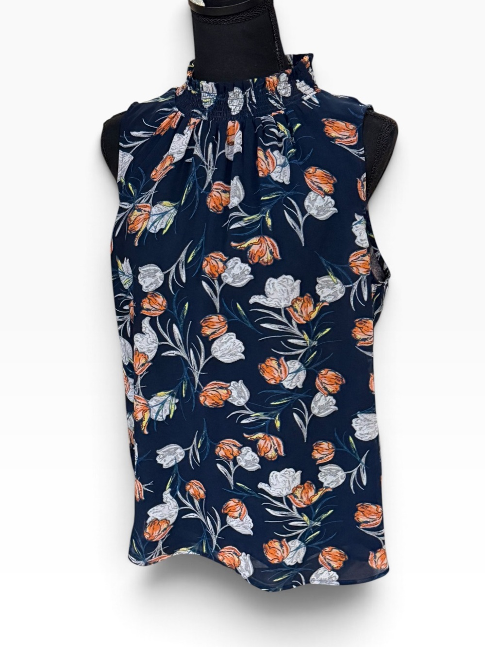 Daniel Rainn Navy Floral Smocked Neck Sleeveless Top - Large